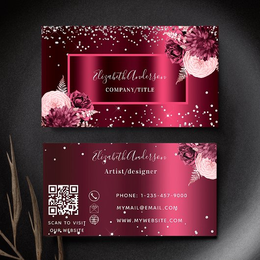 Burgundy florals elegant QR-code Visitekaartje