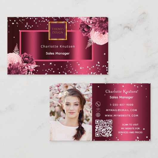 Burgundy florals foto logo QR code Visitekaartje (Voorkant / Achterkant)