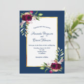 Burgundy florals Gold greenery boho blue bruiloft Kaart (Staand voorkant)