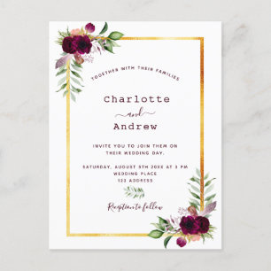 Burgundy florals gold greenery boho bruiloft briefkaart