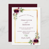 Burgundy florals gold greenery boho bruiloft briefkaart (Voorkant / Achterkant)