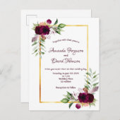 Burgundy florals gold greenery boho bruiloft briefkaart (Voorkant / Achterkant)