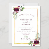 Burgundy florals gold greenery boho bruiloft magnetische uitnodiging (Voorkant)