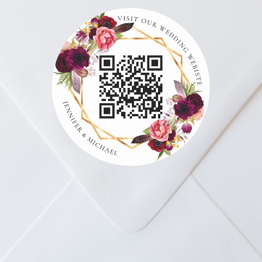 Burgundy florals goud geometrische QR code bruilof Ronde Sticker