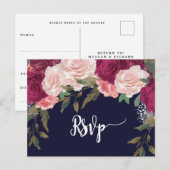 burgundy florals mariage rsvp carte postale marine (Devant / Derrière)