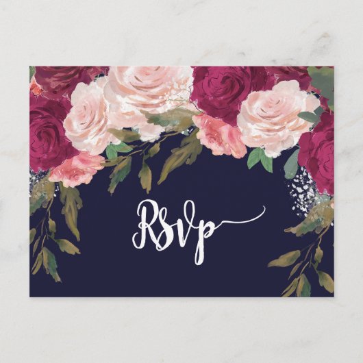 burgundy florals mariage rsvp carte postale marine (Devant)