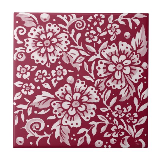 Burgundy Flower Floral Leaf Woodland Pattern Tegeltje (Voorkant)