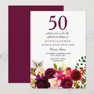 Burgundy Flowers 50th Birthday Party Invitation Kaart
