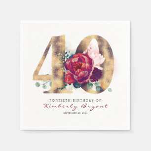 Burgundy Flowers and Gold Typography 40th Birthday Servet