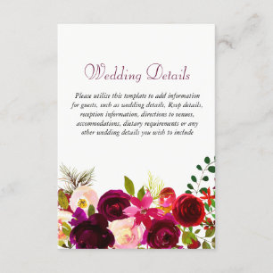 Burgundy Flowers Floral Elegant Wedding Details Informatiekaartje