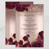 Burgundy Flowers Glitter 90th Birthday Menu Card (Devant / Derrière)