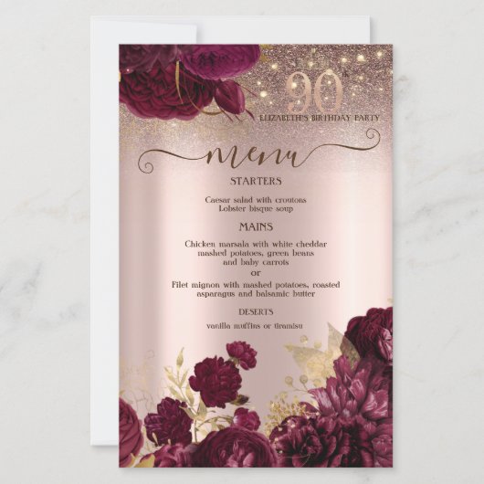 Burgundy Flowers Glitter 90th Birthday Menu Card (Devant)