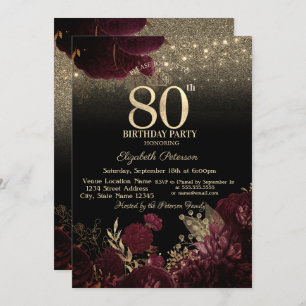 Burgundy Flowers Glitter Black 80th Birthday Kaart