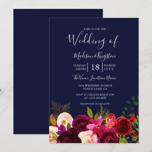 Burgundy Flowers Navy Blue Wedding Invite Kaart (Voorkant / Achterkant)