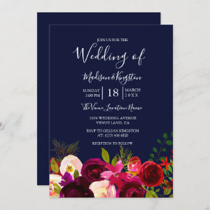 Burgundy Flowers Navy Blue Wedding Invite Kaart