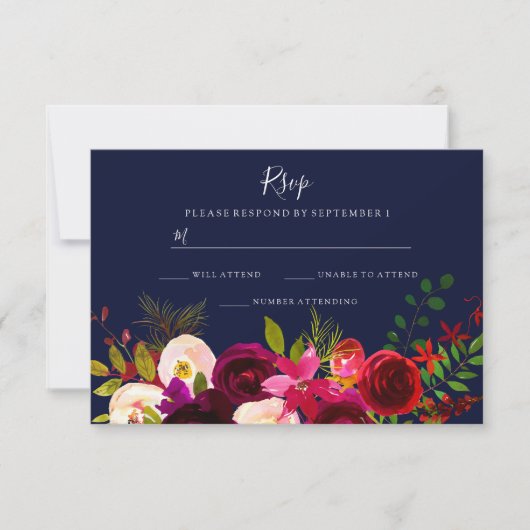 Burgundy Flowers Navy Blue Wedding RSVP (Voorkant)