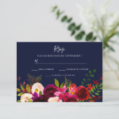 Burgundy Flowers Navy Blue Wedding RSVP (Staand voorkant)