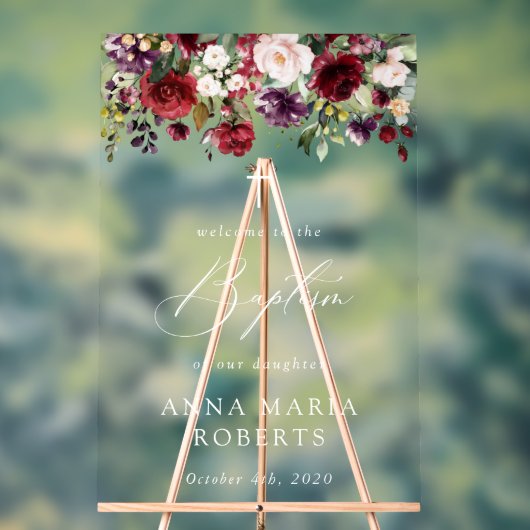 Burgundy Flowers, Pink Flowers, Baptism Welcome Acryl Bord (Neutraal)