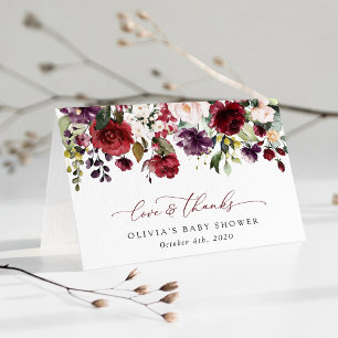 Burgundy Flowers, Pink Flowers, Boho, Baby shower Bedankkaart