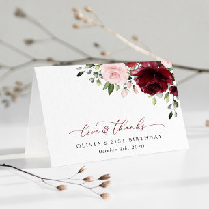 Burgundy Flowers, Pink Flowers, Boho, Birthday Bedankkaart