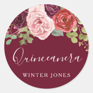 Burgundy Flowers Quinceanera Party Favor Seal Ronde Sticker