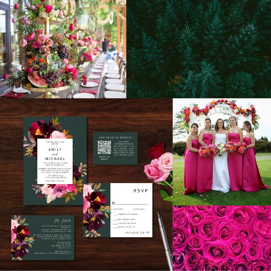 Burgundy Forest Green Blush Floral Waterverf Bedankkaart