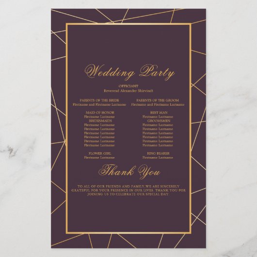 Burgundy Geometric Gold Lijst Wedding Program Kaar (Achterkant)