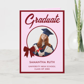 Burgundy Gingham Bow Photo Graduation  Kaart