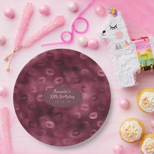 Burgundy Glam Folie Glitter Lippen Papieren Bordje (Feest)