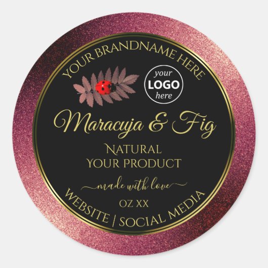 Burgundy Glitter Black Product Labels Ladybug Logo (Voorkant)