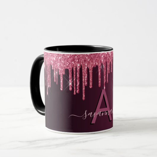 Burgundy glitter druist monogram script mok (Voorkant links)