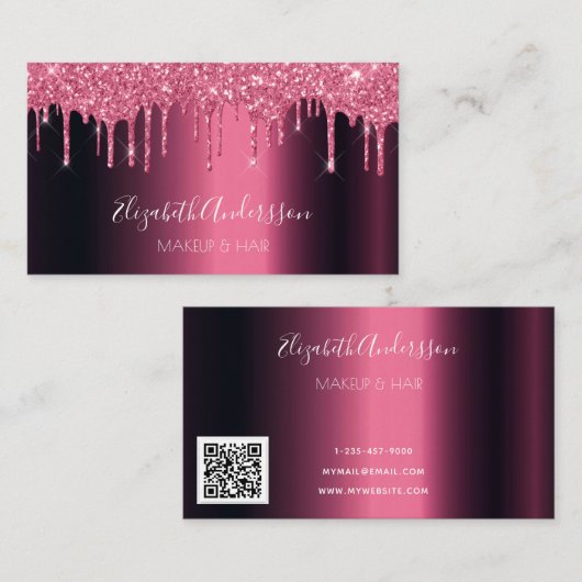 Burgundy glitter druppelt metaal QR colde script Visitekaartje (Voorkant / Achterkant)