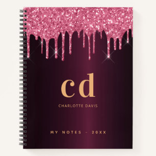 Burgundy glitter roze goudmonogram notitieboek