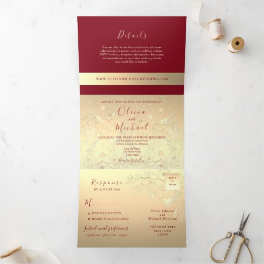 Burgundy Gold 3-en-1 Faire-part de mariage (Intérieur)