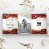 Burgundy Gold Abstract Ink QR Code Weddenschap Drieluik Uitnodiging