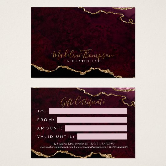 Burgundy Gold Agate Certificat cadeau d'entreprise (Devant & derrière)