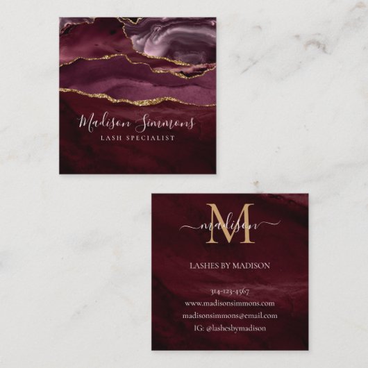 Burgundy Gold Agate Geode Monogram Elegant Script Vierkante Visitekaartje (Voorkant / Achterkant)