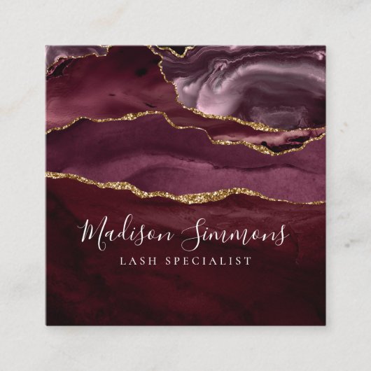 Burgundy Gold Agate Geode Monogram Elegant Script Vierkante Visitekaartje (Voorkant)