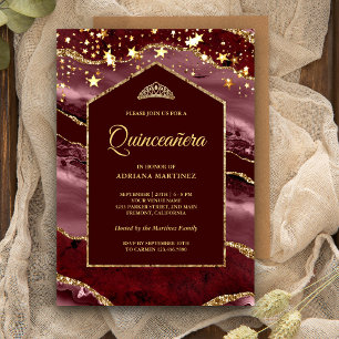 Burgundy Gold Agate Marble Arch Quinceanera Kaart