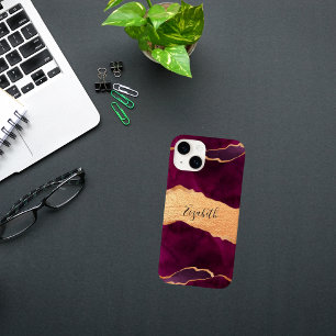 Burgundy gold agate marble roos gold name Case-Mate iPhone 14 hoesje