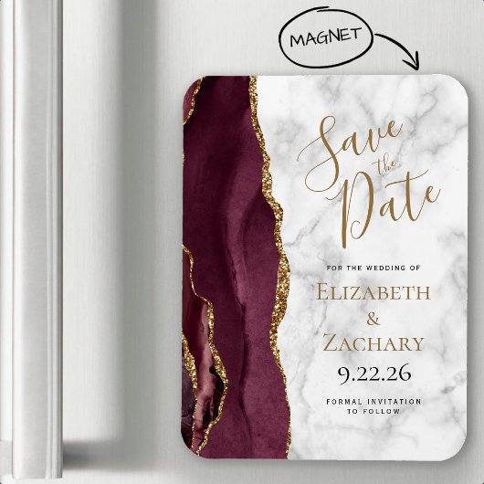 Burgundy Gold Agate Marble Save the Date Magneet