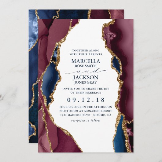 Burgundy & Gold Agate Wedding Invitation Kaart (Voorkant / Achterkant)