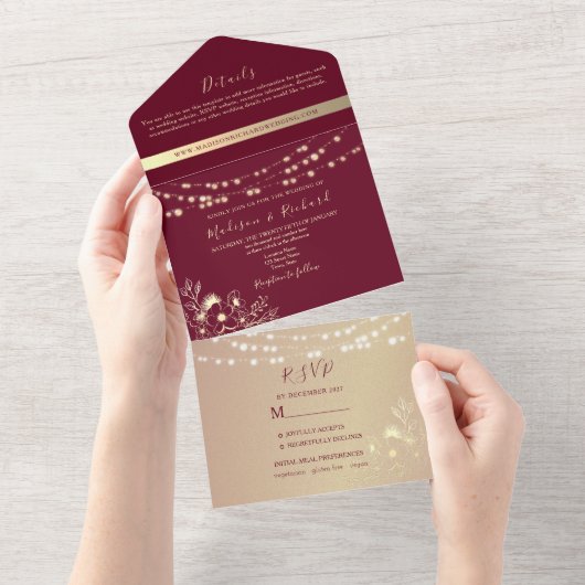 Burgundy Gold All-in-One Wedding Invitation (Déchirure)