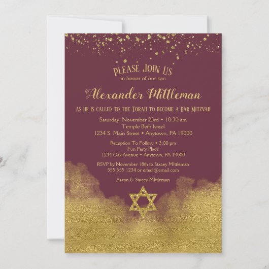 Burgundy Gold Bar Mitzvah Uitnodiging (Voorkant)