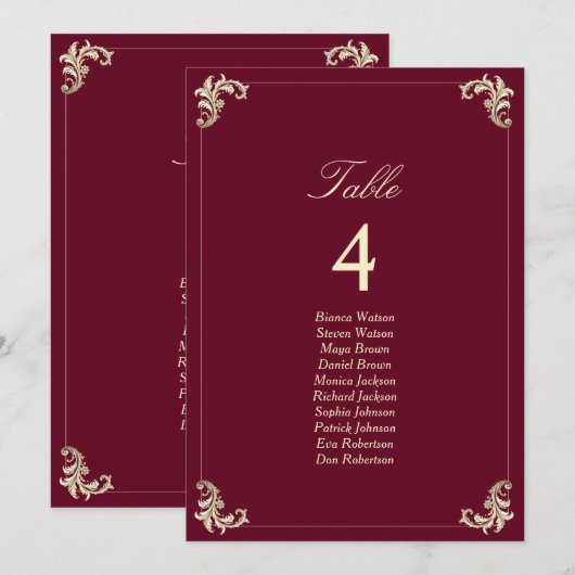 Burgundy Gold Baroque Wedding Seating Chart (Voorkant / Achterkant)