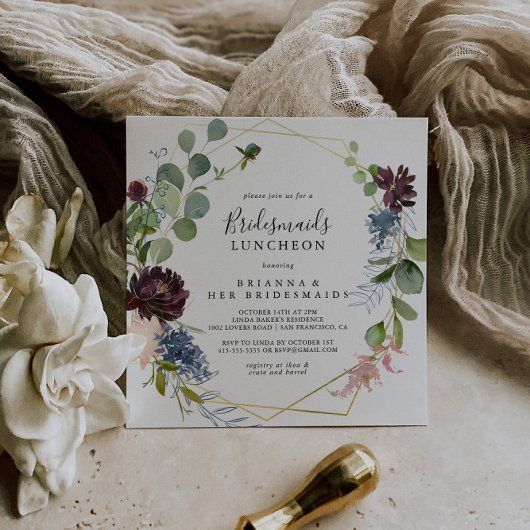 Burgundy Gold Bridesmaids Luncheon Shower Kaart