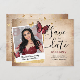 Burgundy Gold Butterfly Quince Foto Save the Date Aankondigingskaart