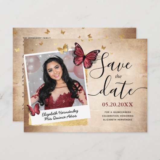 Burgundy Gold Butterfly Quince Foto Save the Date Aankondigingskaart (Voorkant / Achterkant)