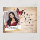 Burgundy Gold Butterfly Quince Foto Save the Date Aankondigingskaart (Voorkant)
