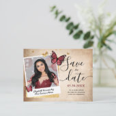 Burgundy Gold Butterfly Quince Foto Save the Date Aankondigingskaart (Staand voorkant)
